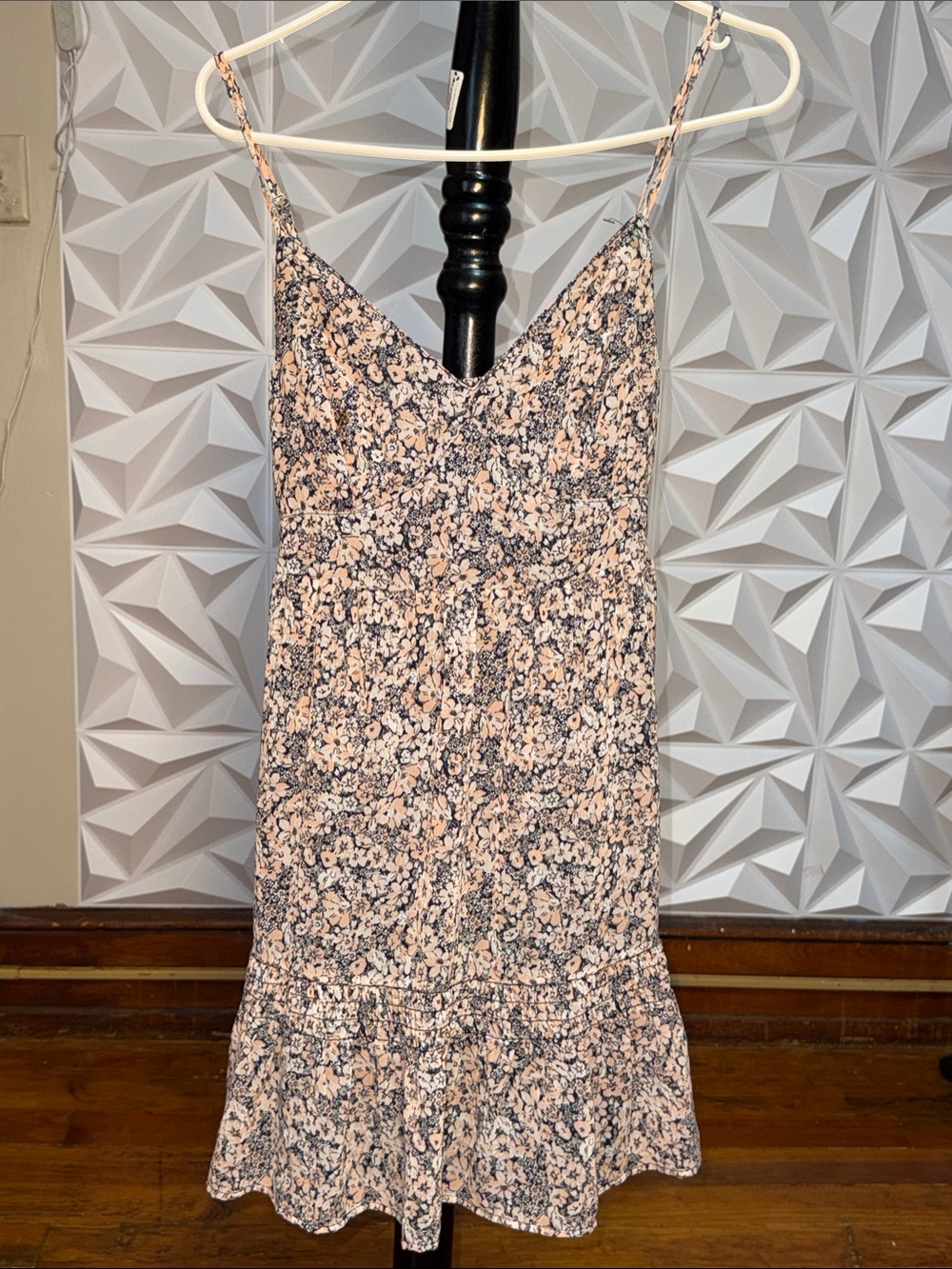 Hollister Peach and Navy Floral Spaghetti-Strap Mini Dress